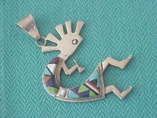 BILL WILLIE NAVAJO STERLING TURQUOISE-SUGALITE-ONYX INLAY KOKOPELLI PENDANT