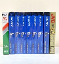 9 New VHS Tapes: 7 Sony Premium Grade, 1 JVC Premium Gold, 1 Fuji High Quality