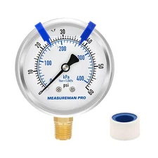PRO 2.5'' Glycerin Filled Pressure Gauge 0-60psi/kpa 304 Stainless Steel Case...