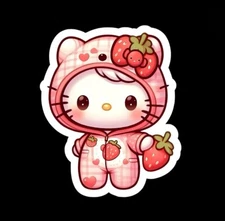 Kitty Cat, Cute Fun Pink Strawberry Hello Adorable Glossy Vinyl sticker, Decal