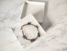 Elephant Charm Beaded Bracelet Gold Beads Gray Resin Elephants Nature Jungle