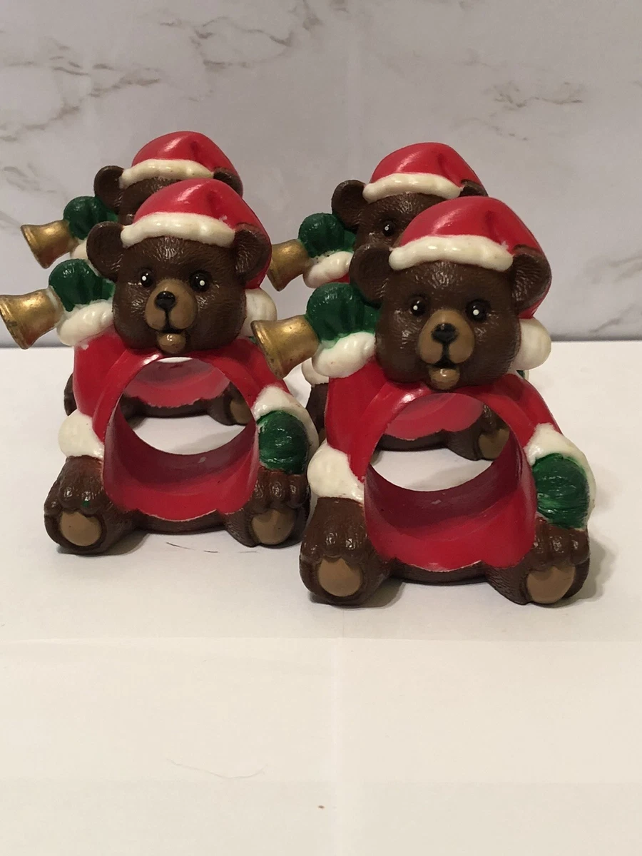 Vintage Christmas Holiday Teddy Bear Napkin Rings Set of 4 REED Taiwan