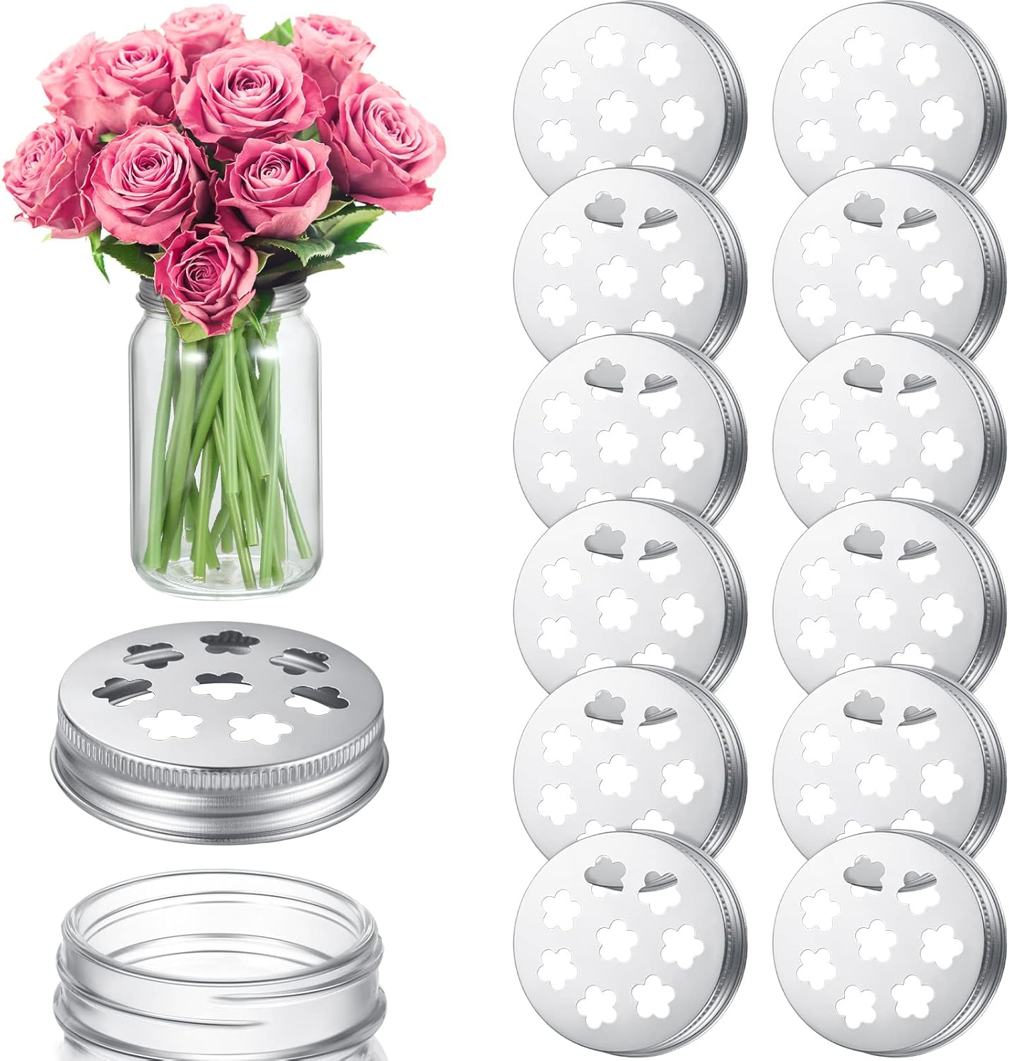 12 Pcs Mason Flower Jar Holder Lid Metal Flower Lid Insert Mason Grid Flower Org