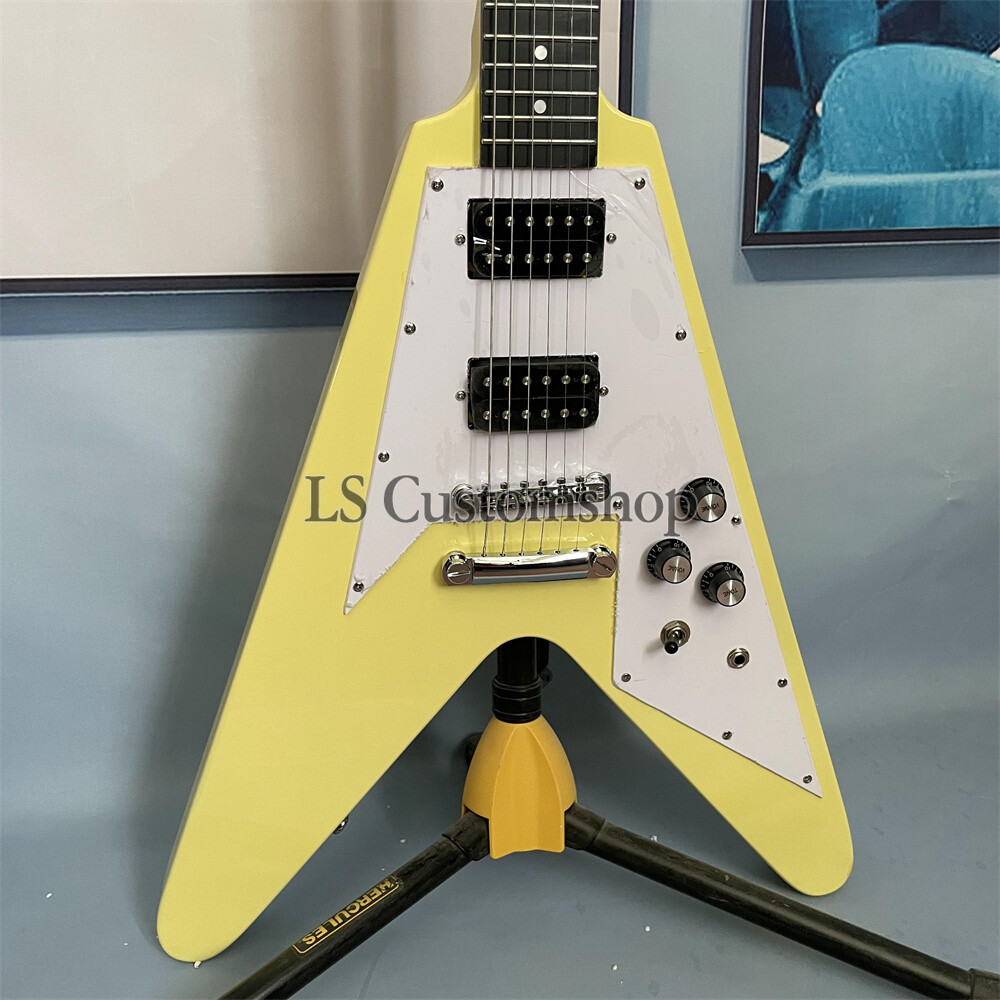 Cream White 70s Flying V Electric Guitar Rounded Fret Solid Body HH Pickup
