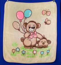 VTG Baby Minky Mink Blanket Teddy Bear Balloons Puppy Dog Butterfly Plush Tan
