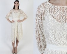 Vtg Asymmetrical Lace Dress Cream Hi Low Flapper Deco Lawn Bridal Sheer Gown