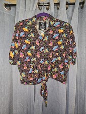 Spencer's Women's XL Rayon Psychedelic Mushroom Tie-Front Button-Up Blouse