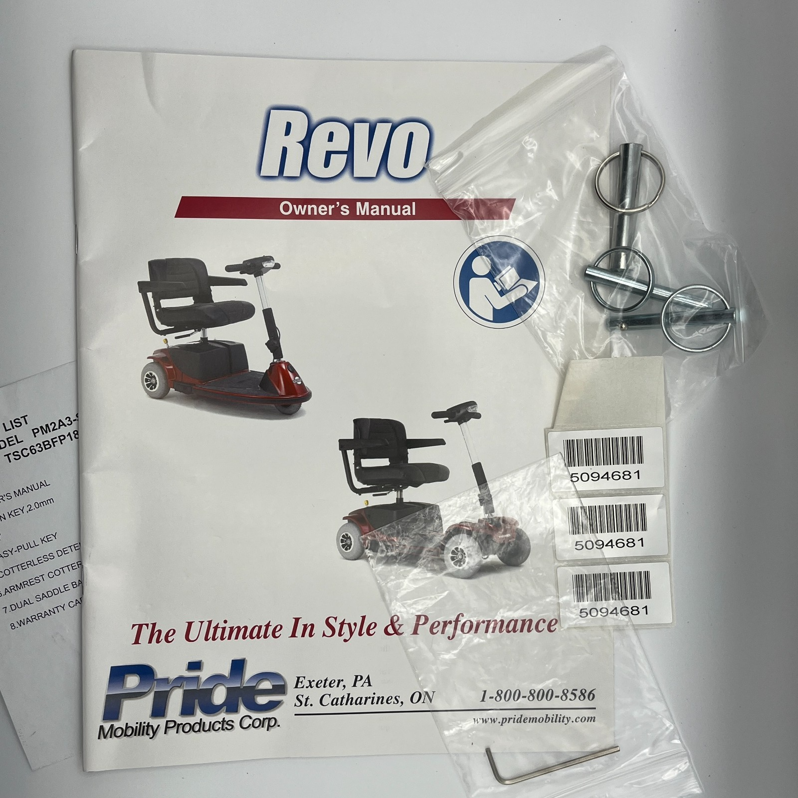Vintage Owner's Manual REVO Pride 3-wheel Mobility Scooter w/ 3 Cotterless pins