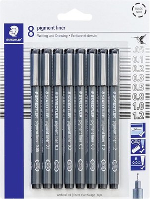 STAEDTLER Pigment Liner Pack, Black, 8 Pens, Assorted Line Widths, Black 