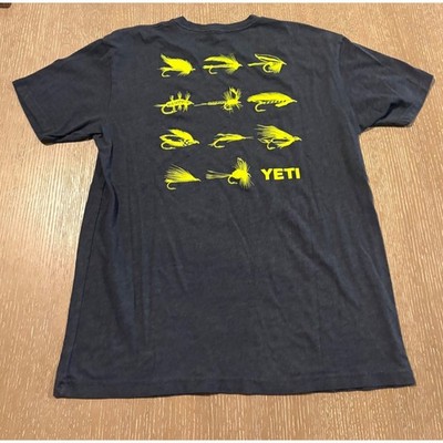 YETI Mens Medium Fishing Fly T Shirt Gray Short Sleeve Outdoors Graphic Tee EUC