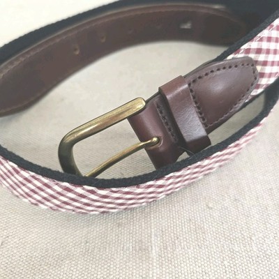 Olly Oxen Roanoke College Men's Belt Burgandy & White Plaid Size 32 Brass Buckle