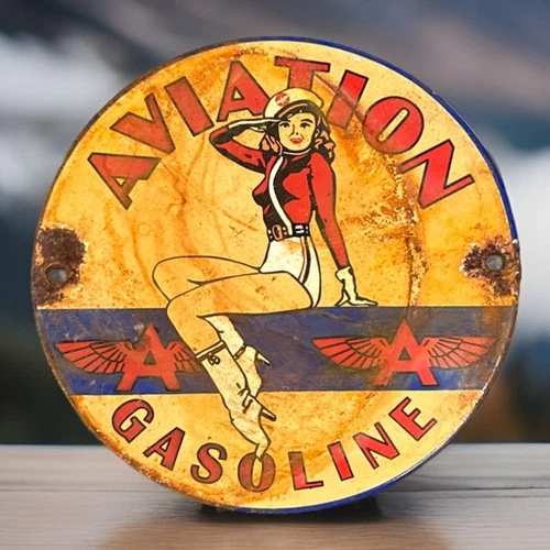 Vintage 6” Aviation Gasoline AA Pinup Girl Porcelain Enamel Metal Sign