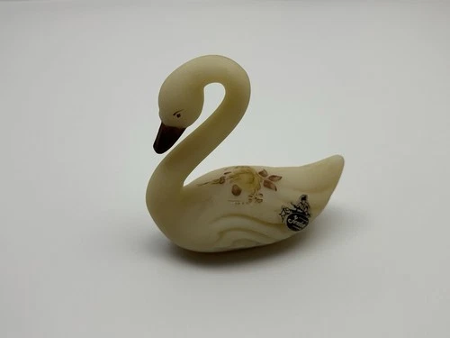 Fenton Cameo Satin Swan Figurine With Hand Painted Daisies, Signed Vintage 1970s