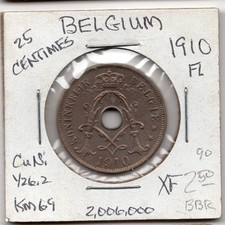 1910 25 Centimes BELGIUM Copper Nickel KM69 World Coin XF