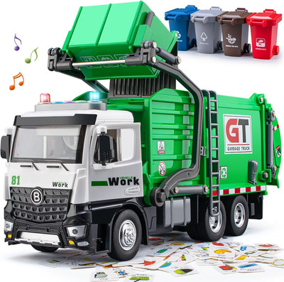 Garbage Truck Toys for Boys, 12'' Big Trash Truck with Lights and Sounds, Frictio
