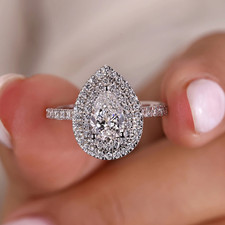 1 Carat Double Halo Stunning Pear Lab Grown Diamond Ring - Certified 14k Gold
