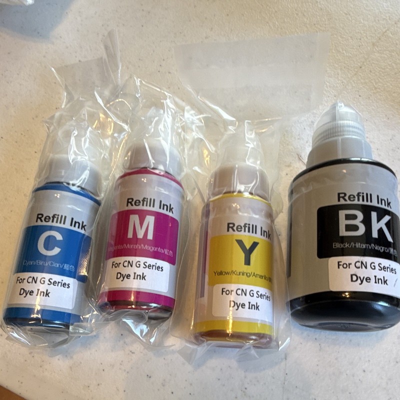Refill Dye Ink Bottle Set BK/C/M/Y for Canon G Series Inkjet, CN G Series