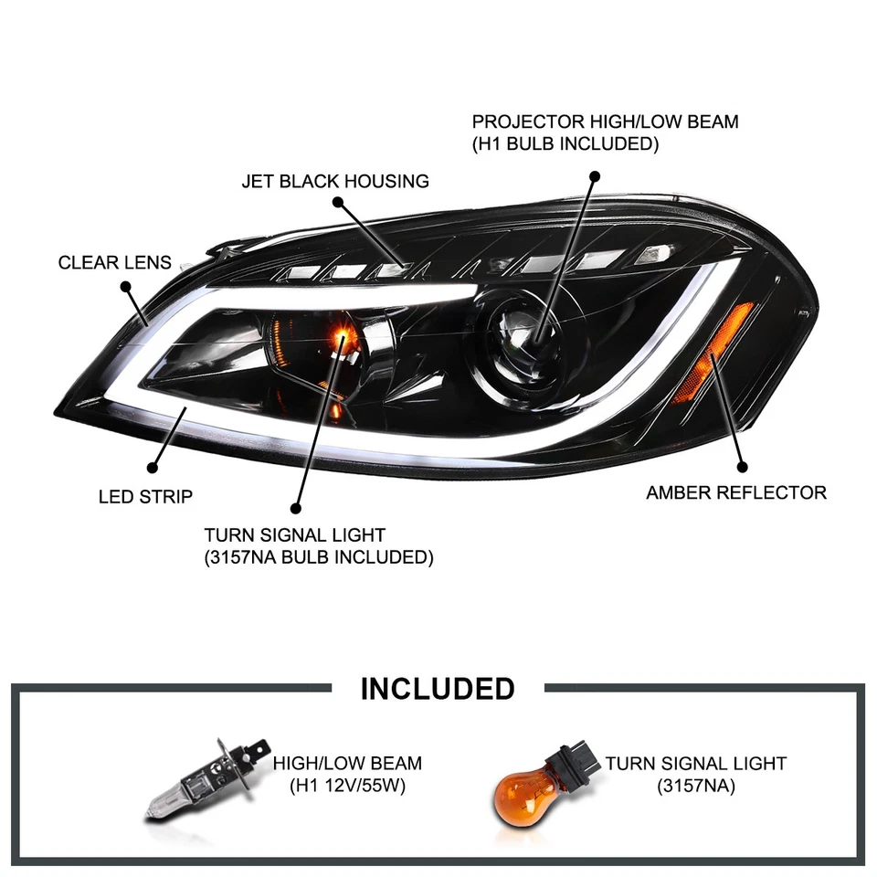 Jet Black Fits 2006-2013 Chevy Impala LED Strip Projector Headlights Signal Lamp Foto 3 de 4