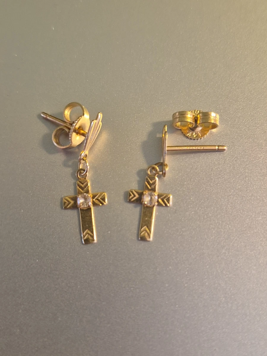 Vintage 14K Gold Post & Backs Cross Dangle Earrings Genuine Tested Diamond Pair