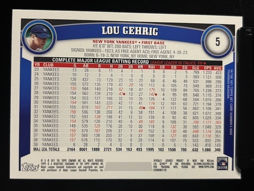 2011 Topps Legend Variation Cognac Diamond Anniversary #5 Lou Gehrig Ny Yankees - Bild 2 von 2