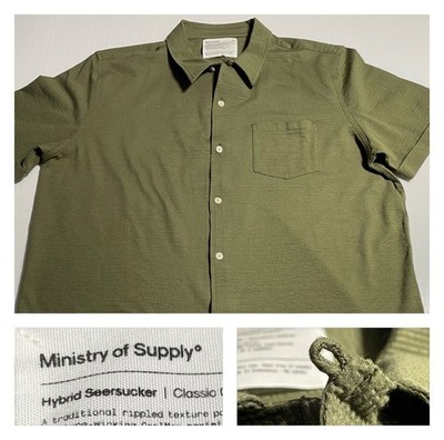 Ministry Of Supply Hybrid Seersucker Loop Collar Short Sleeve Shirt Green XXL*