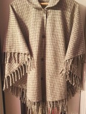Women's Vintage Boho Wool Poncho Cape Fringed Button Down Taupe  Cream Sz L