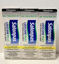 3x Salonpas Plus 3oz Each, Pain Relieving Liquid Roll On 4% Exp: 02/2026