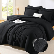 King Size Comforter Set Black - 7 Pieces Striped Seersucker Bed in a Bag, Soft L