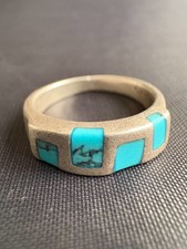 Vintage 925 Sterling Silver Inlaid Turquoise Band Ring Handcrafted Size 8 US