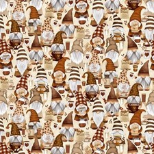 Just Brew It Coffee Gnomes Brown Cream Patchwork Fabric - 50cm Cut