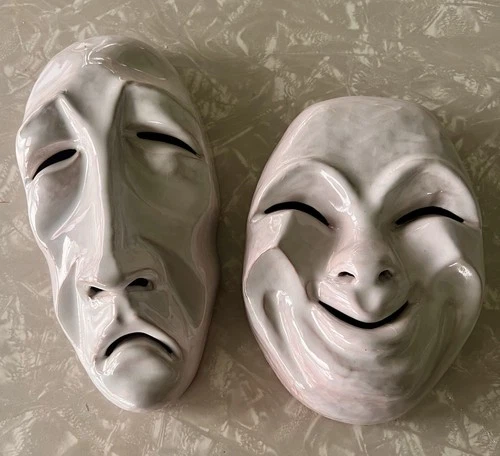 Frankoma Pottery Comedy Tragedy Glazed Masks Vintage Wall Pockets Hanging Faces