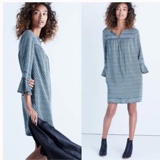Madewell Starland Green 100 Silk Bell-Sleeve Dress  Size: XS