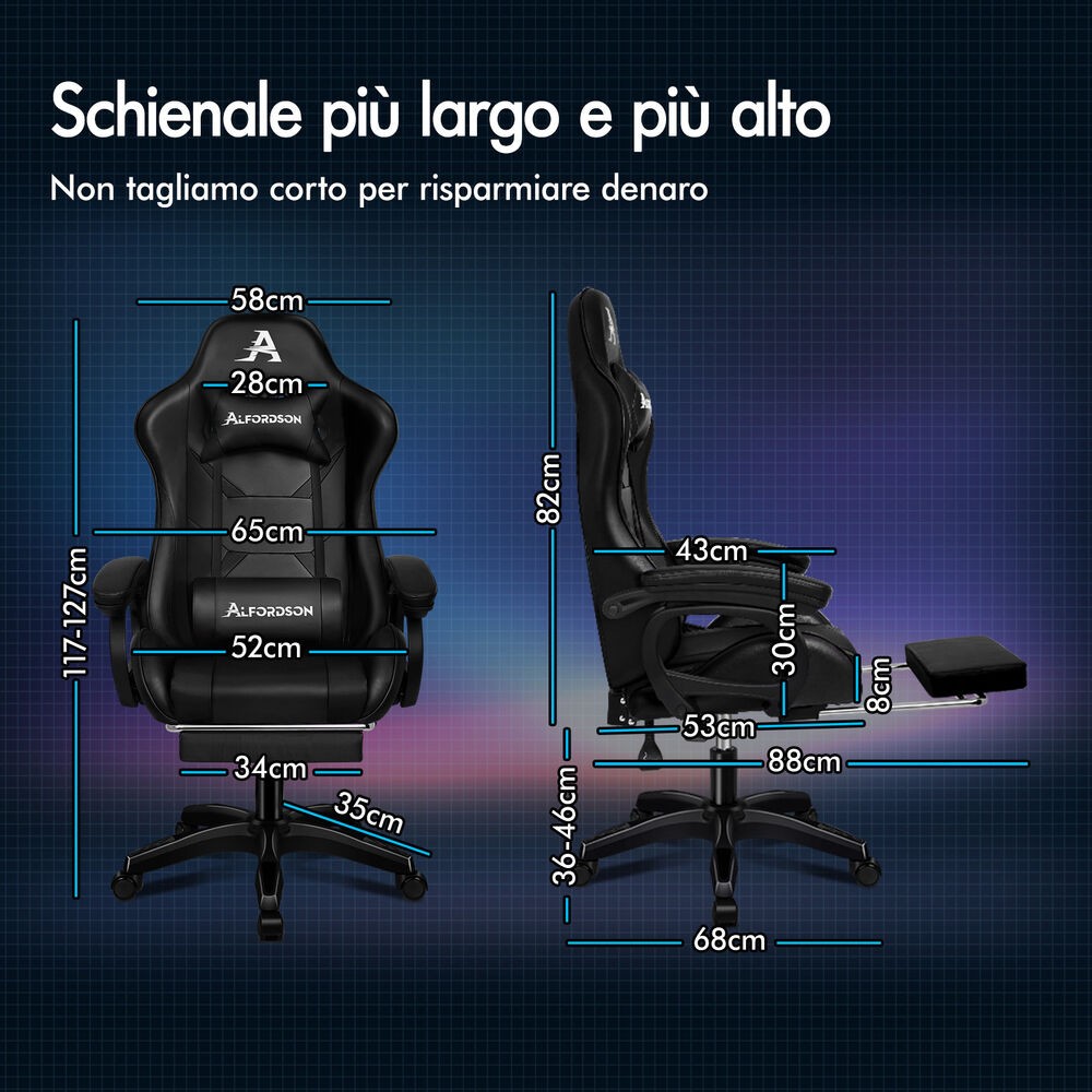 Sedia Da Gaming Massaggiante ALFORDSON - Pelle PU, Reclinabile 150°, Poggiapiedi, 180kg - Foto 12