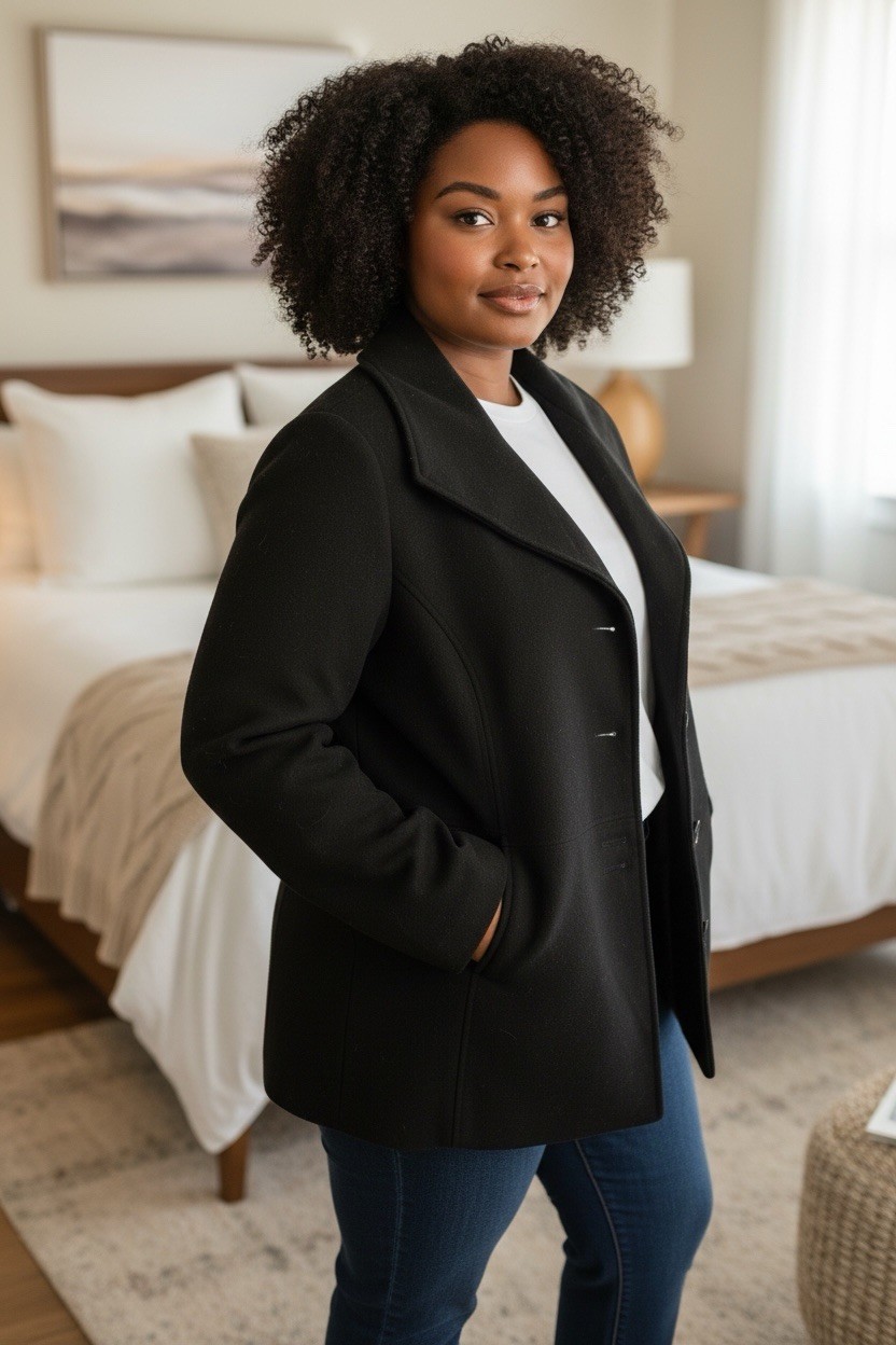 JM Collection Black Single Breasted Pea Coat Women's Size Large Button Closure