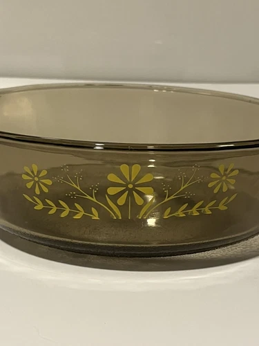 Glasbake Jeanette Oval Amber Casserole Dish Yellow Daisies 8" Vintage