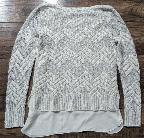Lucky Brand Ivory Silver Metallic Crochet Sweater Contrasting Chiffon Trim Sz M - Picture 15 of 21