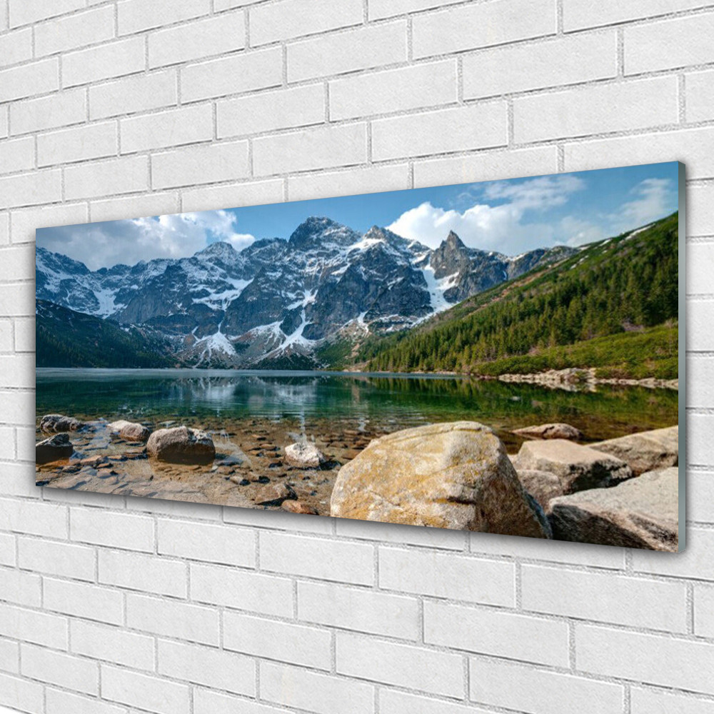 Tableau sur verre paysage montagnes et forêt 125x50 cm ode à la sérénité