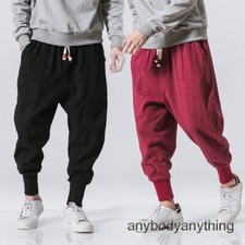 Men Cotton Linen Harem Pants Japanese Casual Drawstring Elastic Trousers Joggers