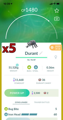 5x Durant Pokemon Bundle !! Good Chance of Lucky and Good IVs !! Go