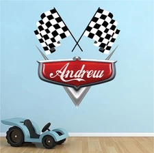 Personalized Boys Race Car Name Wall Decal Mural Racing Flags Custom, b44