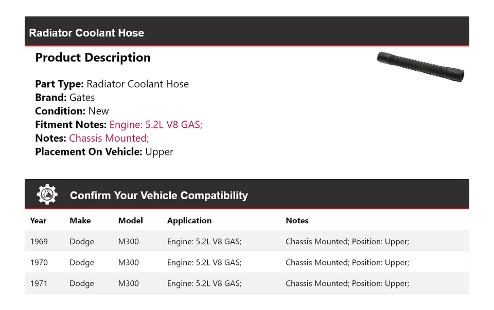 For 1969-1971 Dodge M300 5.2L V8 GAS Radiator Coolant Hose Upper Gates 1970 - Image 2 of 4