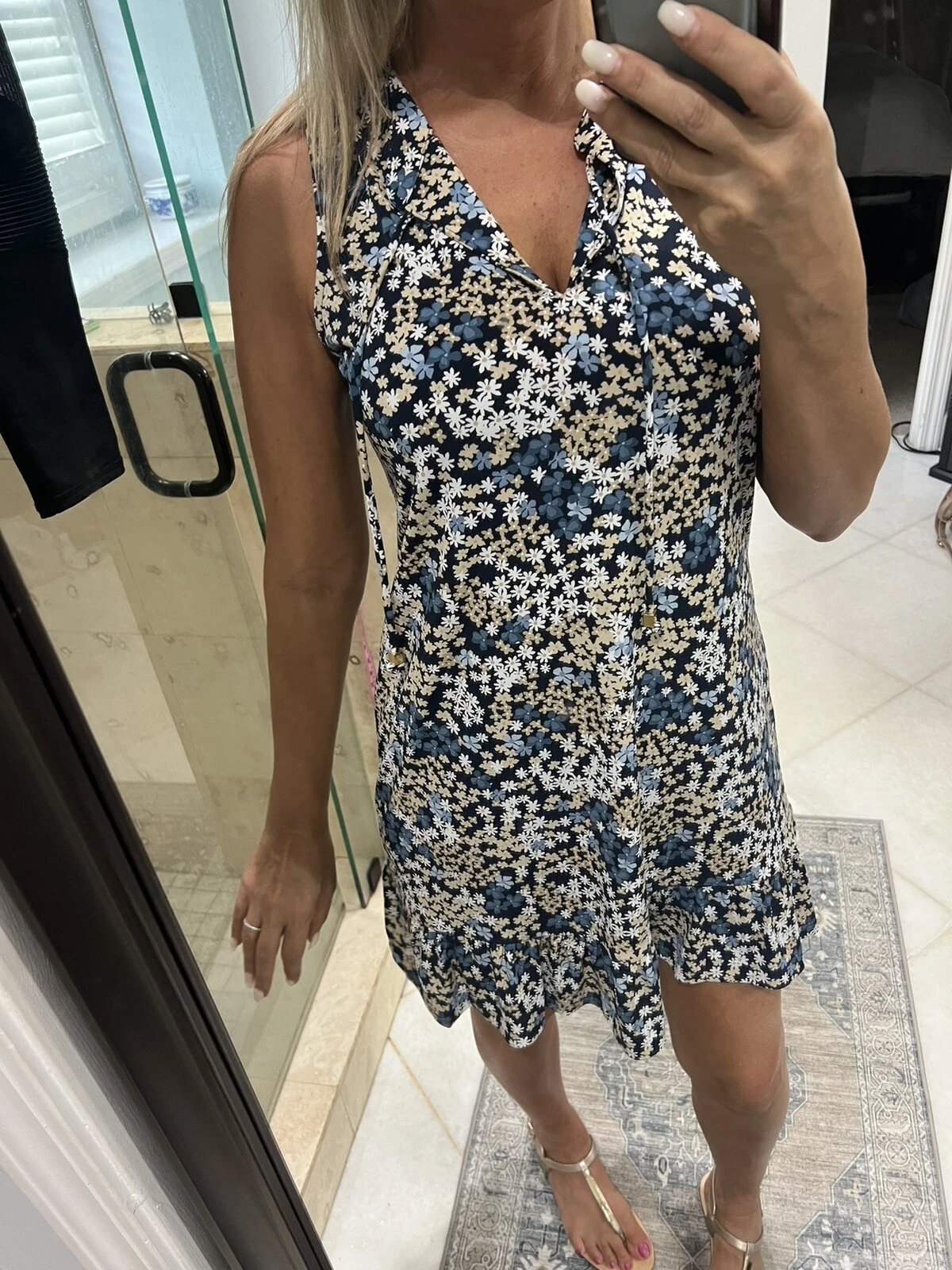 Michael Kors Jersey Bianca Blu Abito Floreale Stretch M Orlo Flutter Autunno