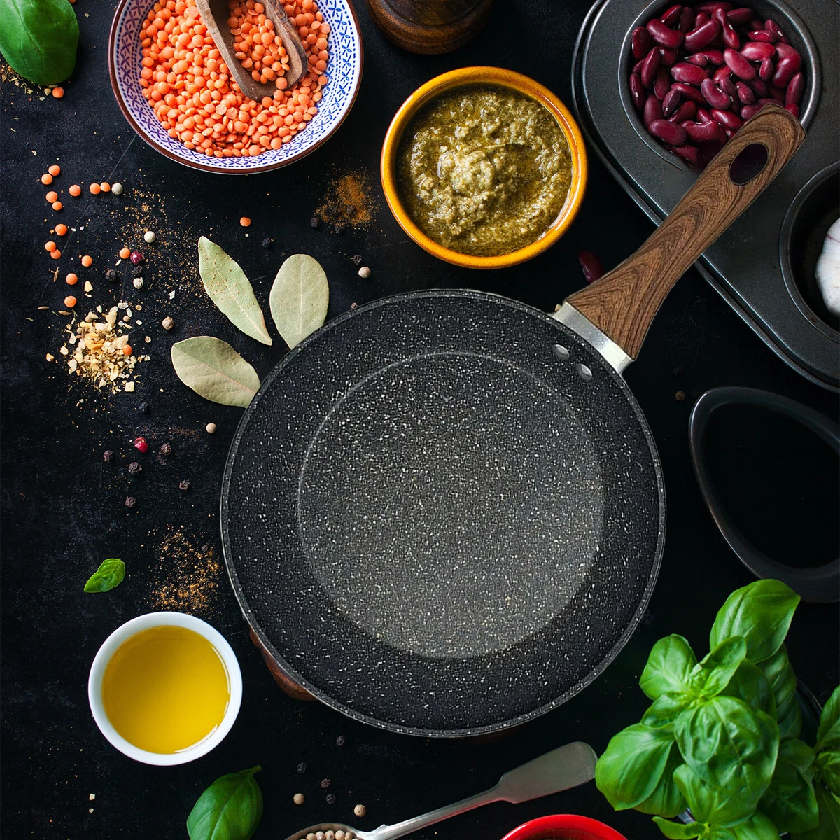 Frying Pan Nonstick Ceramic Marble Stone Anti Scratch Wooden Handle Lid Sets UK