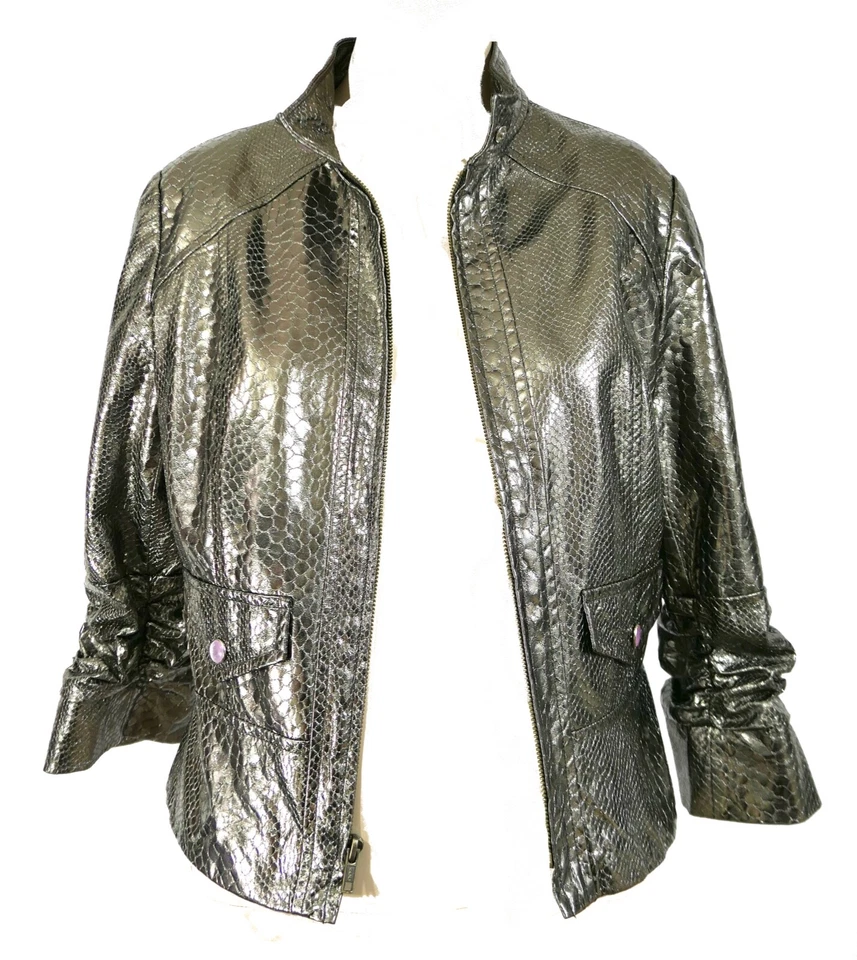 Peck and Peck Vtg 90s Silver Cropped Metallic Snake Moto Jacket Top 8 Y2K - Image 3 of 4
