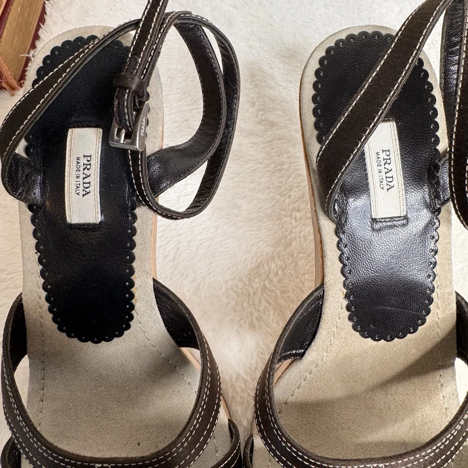 Prada Womens Sandals Mixed Media Metal Heel Wood Sole Contrast Stitch Size 37.5 - Image 4 of 4