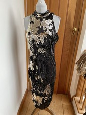 Zara Gold black Sequin Dress high neck open back vent sleeveless party m s new
