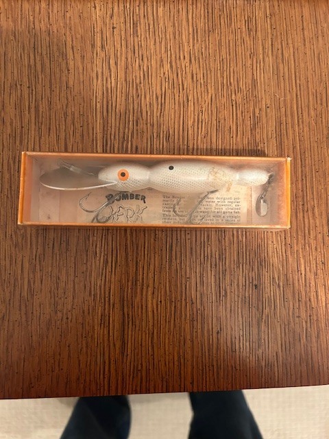 New RARE Wooden Vintage Bomber Water Dog Fishing Lure. In Box, with papers.
