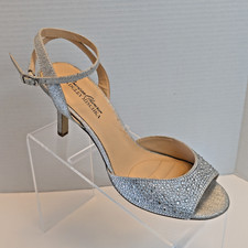 Badgley Mischka Sandal Open Toe Ankle Strap Silver Rhinestone Evening Prom Sz 9