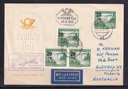 GERMANY EAST DDR 1955 FDC AIR MAIL OVPT, EMBOSSED GERMAN POST CACHET#C2249
