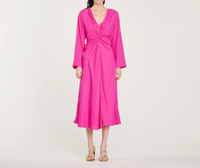 Sandro Women's Dress Maxi V-Neck Embroidered Draped Pink FR 40 / US 8 L